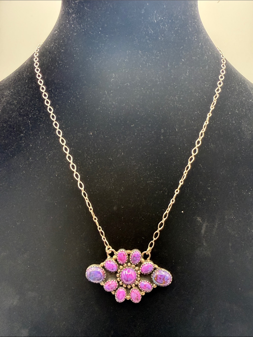 925 Sterling Silver Purple Mojave Turquoise Floral Cluster Pendant Necklace 20”